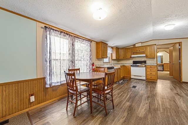 dining space featuring dark hardwood / wood-style flooring, lofted ceiling, a textured ceiling, and wood walls