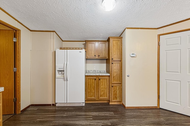 kitchen with crown molding, white fridge with ice dispenser, a textured ceiling, and dark hardwood / wood-style floors