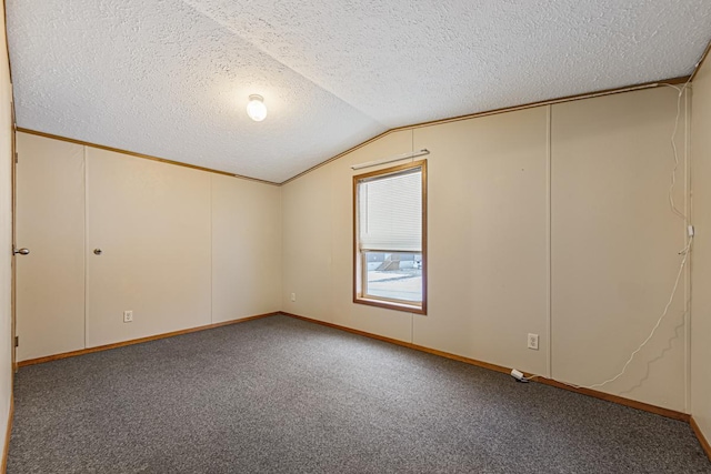 spare room with vaulted ceiling, carpet flooring, and a textured ceiling