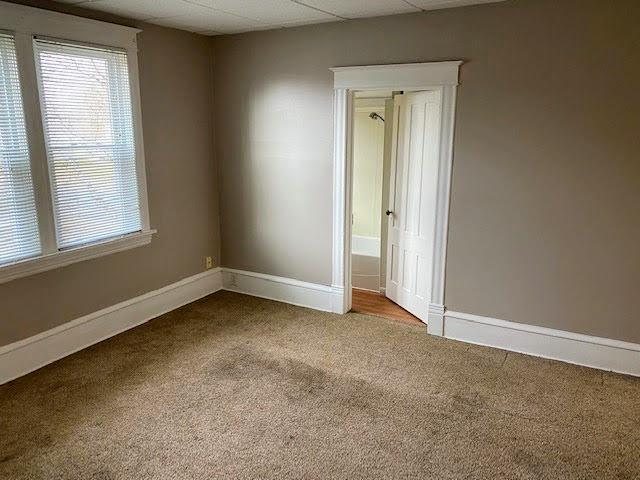 spare room featuring carpet flooring and a drop ceiling