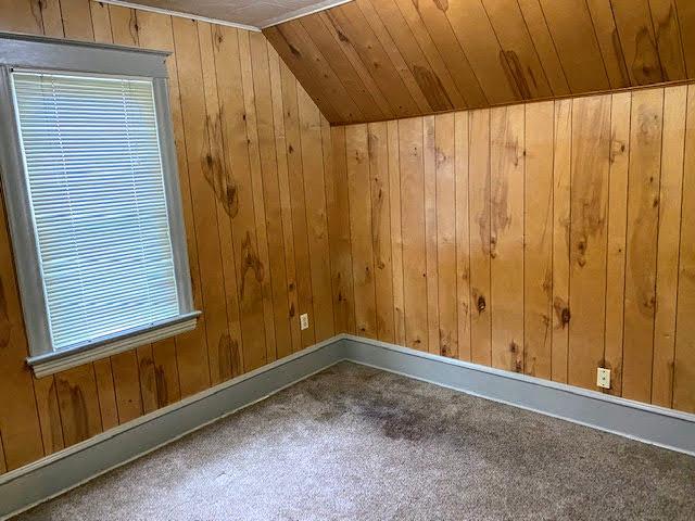 spare room featuring carpet flooring, vaulted ceiling, wooden ceiling, and wood walls