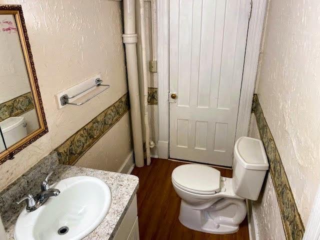 bathroom featuring vanity, hardwood / wood-style floors, and toilet