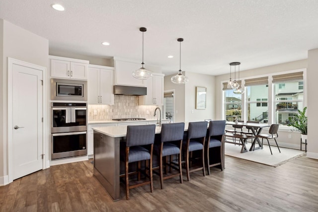 kitchen with white cabinetry, hanging light fixtures, a kitchen island with sink, stainless steel appliances, and tasteful backsplash