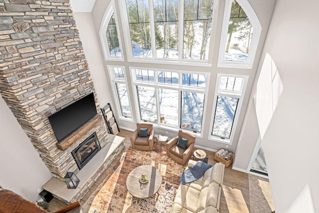 living room featuring a stone fireplace and a towering ceiling