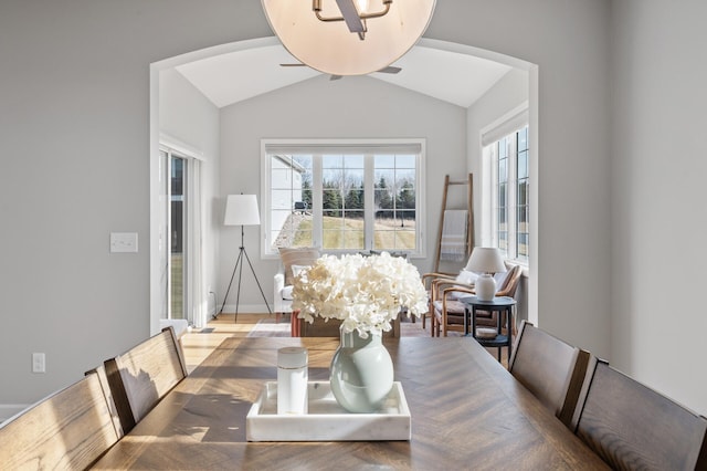 dining space featuring plenty of natural light and vaulted ceiling