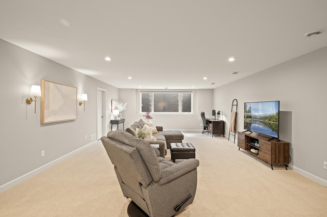 living room featuring light carpet