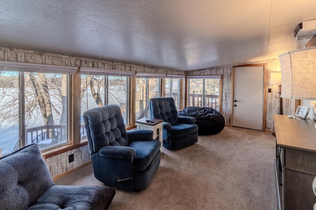 carpeted living room featuring lofted ceiling