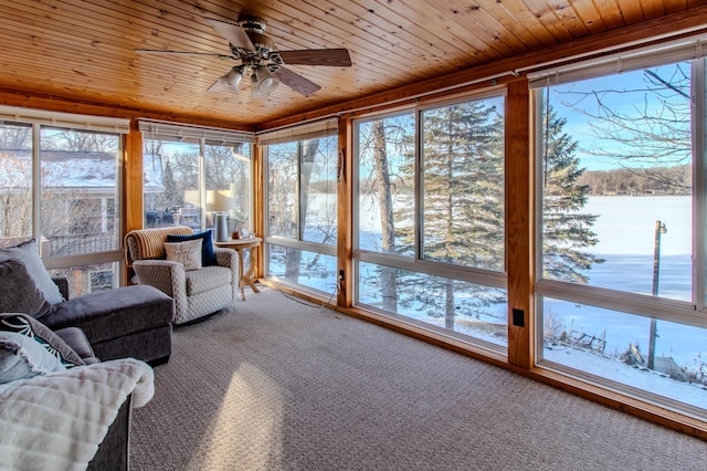 sunroom with wooden ceiling, ceiling fan, and a water view