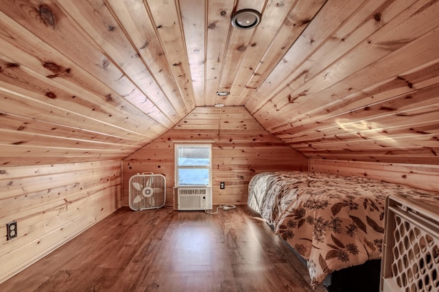 unfurnished bedroom with hardwood / wood-style flooring, wood walls, lofted ceiling, and wooden ceiling