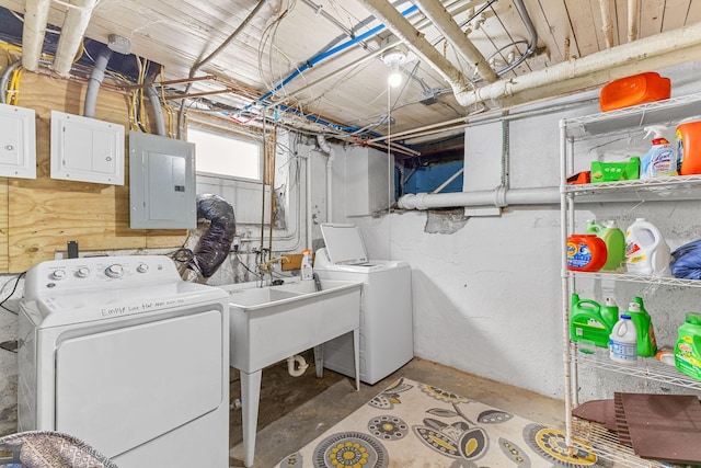 clothes washing area featuring washer and dryer, laundry area, and electric panel