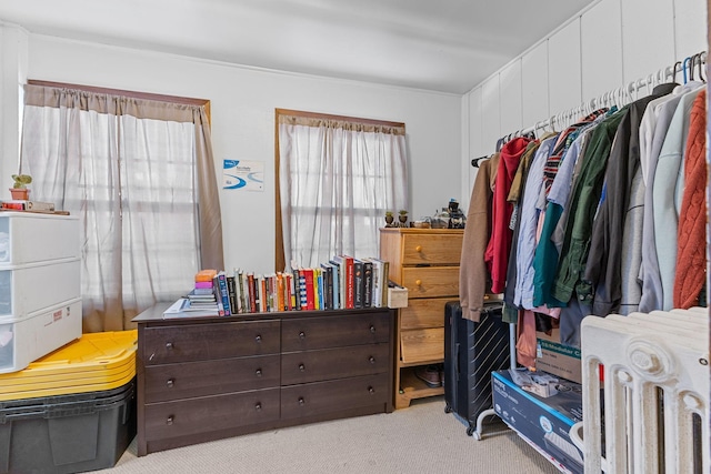 walk in closet featuring light carpet