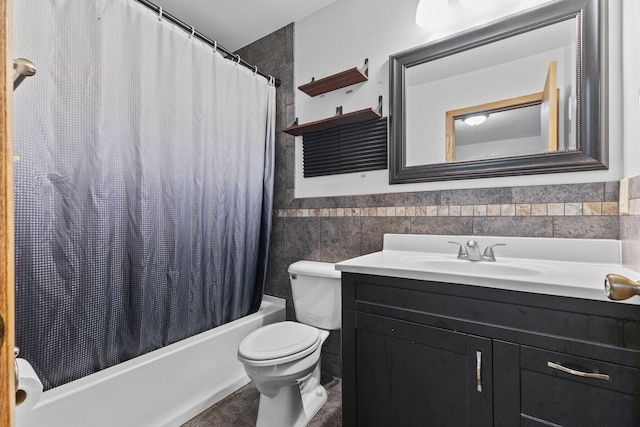 2707 Fremont Ave S, Minneapolis, MN 55408 - full bathroom featuring tile walls, vanity, shower / bath combination with curtain, and a wainscoted wall
