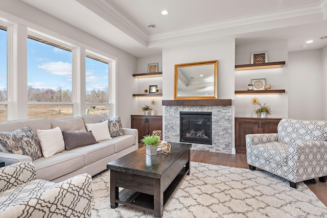 living room featuring crown molding, wood-type flooring, a fireplace, and a raised ceiling