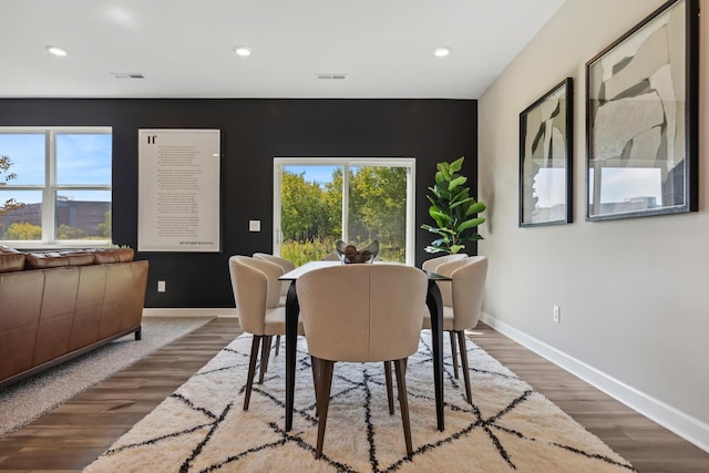 dining space featuring dark hardwood / wood-style floors and a wealth of natural light