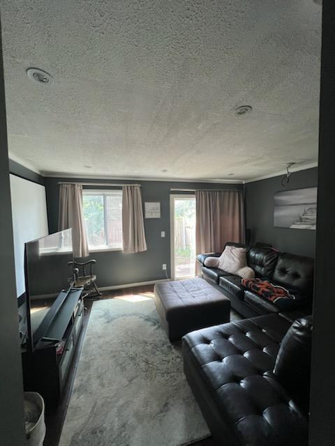 living room with a textured ceiling