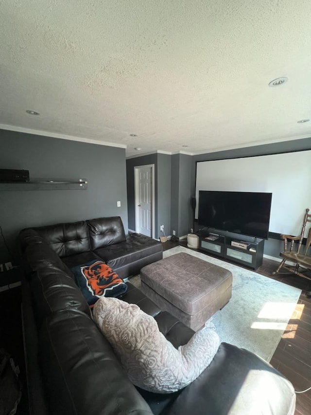 living room featuring crown molding, wood-type flooring, and a textured ceiling