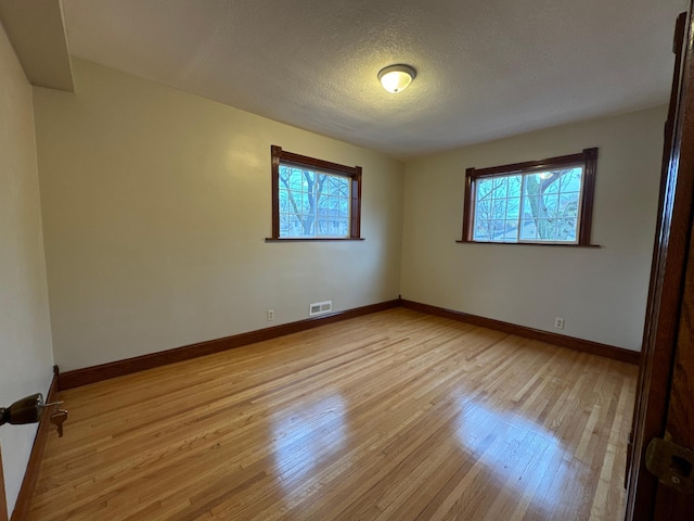 spare room with a wealth of natural light, light hardwood / wood-style flooring, and a textured ceiling