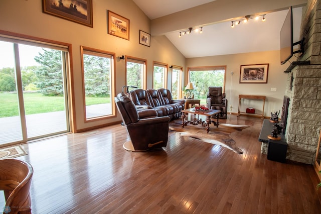 living room featuring lofted ceiling, hardwood / wood-style flooring, a stone fireplace, and plenty of natural light