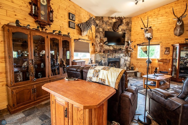 living room featuring a stone fireplace, a wealth of natural light, and wood walls