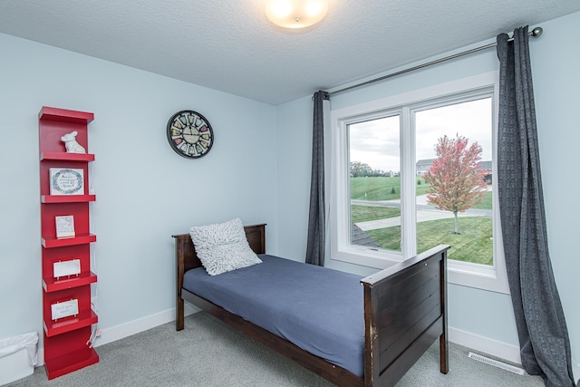 bedroom featuring carpet flooring and a textured ceiling