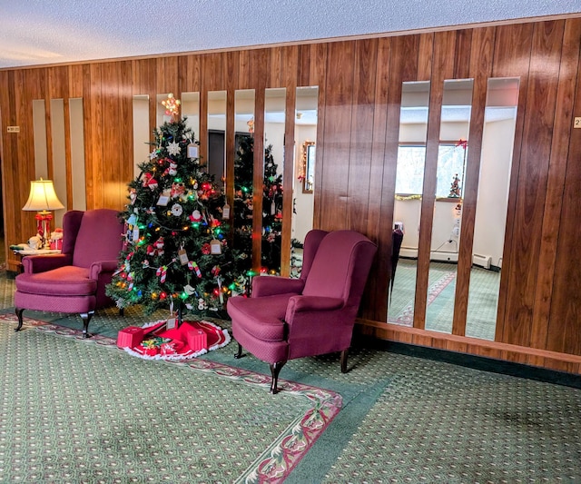 interior space featuring a textured ceiling, wooden walls, baseboard heating, and carpet flooring