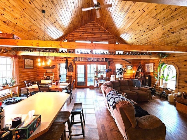 living room featuring ceiling fan, plenty of natural light, log walls, and high vaulted ceiling