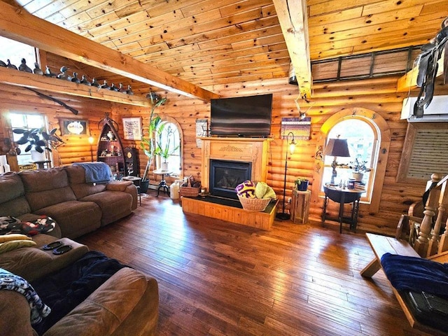 living room with beamed ceiling, wood ceiling, and log walls