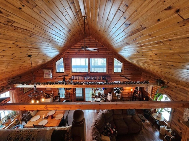 additional living space featuring wood-type flooring, wooden ceiling, rustic walls, and lofted ceiling