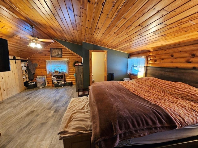 bedroom featuring hardwood / wood-style flooring, vaulted ceiling, wooden ceiling, and log walls