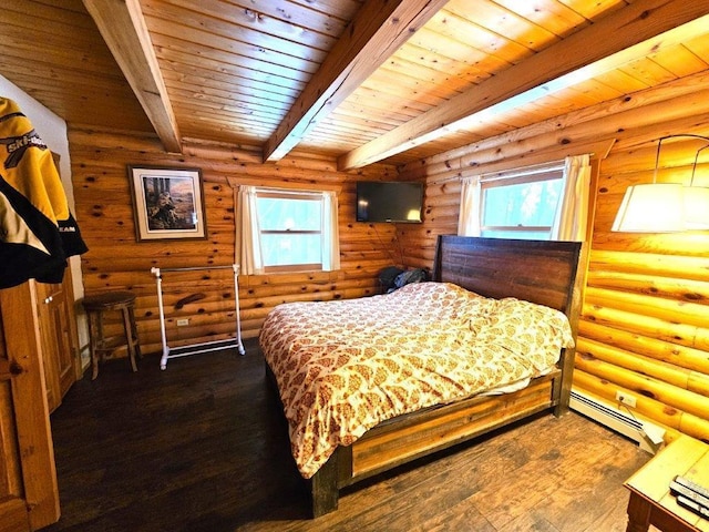 bedroom featuring multiple windows, rustic walls, beam ceiling, and wood ceiling