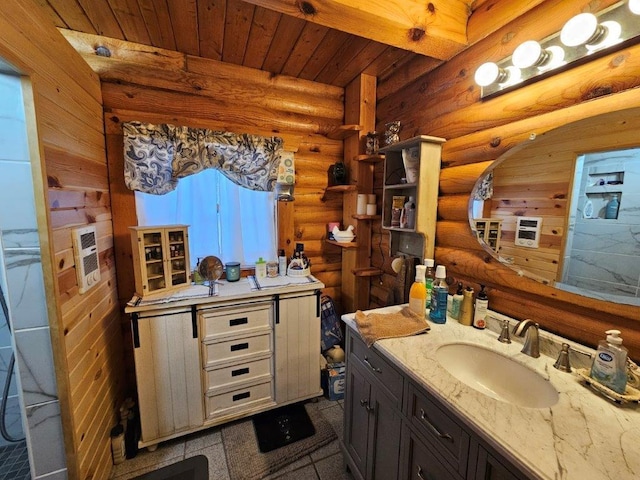 bathroom featuring vanity, wooden ceiling, and rustic walls