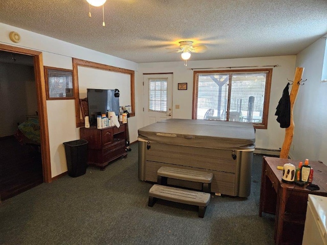 miscellaneous room with a baseboard heating unit, dark carpet, a textured ceiling, and ceiling fan