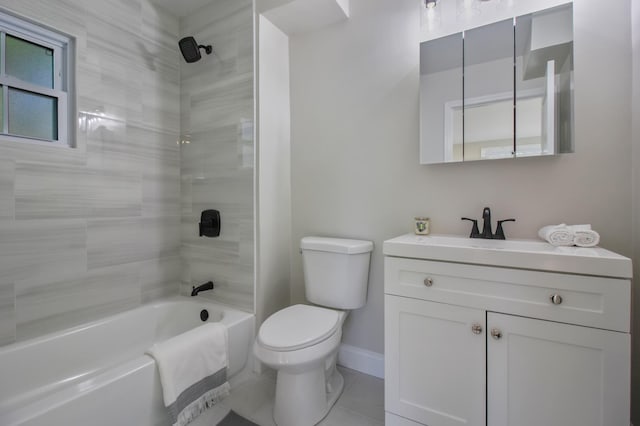 full bathroom with vanity, tiled shower / bath combo, and toilet