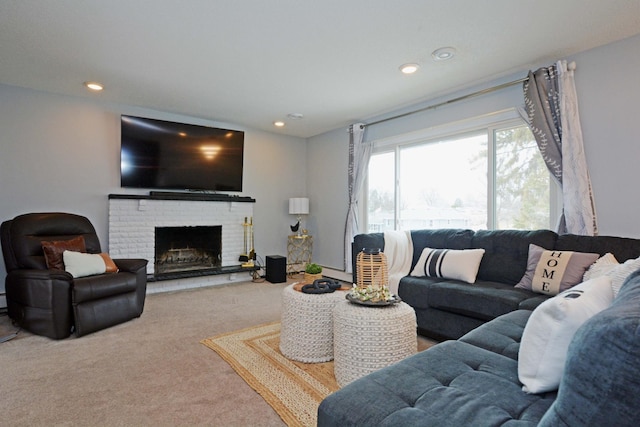 carpeted living room featuring a fireplace