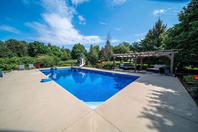 pool with an outdoor living space, a patio area, a water slide, and a pergola