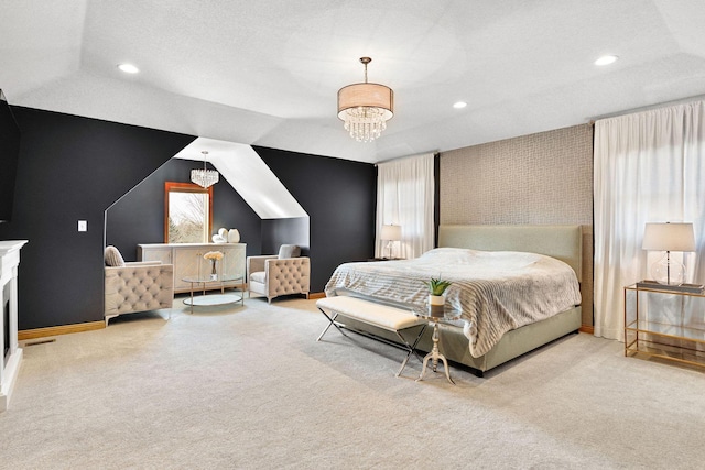 carpeted bedroom with a chandelier, recessed lighting, baseboards, and vaulted ceiling