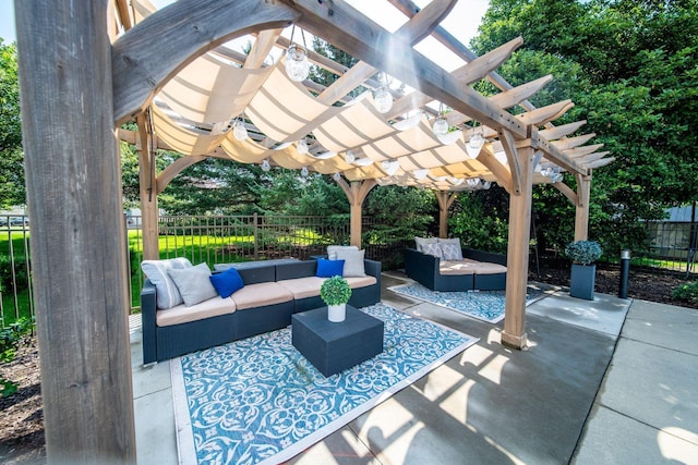 view of patio with fence, outdoor lounge area, and a pergola