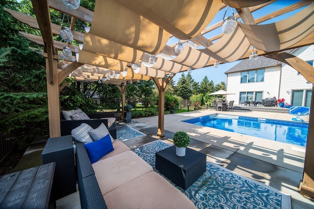 view of swimming pool with a fenced in pool, outdoor lounge area, outdoor dining area, a patio area, and a pergola