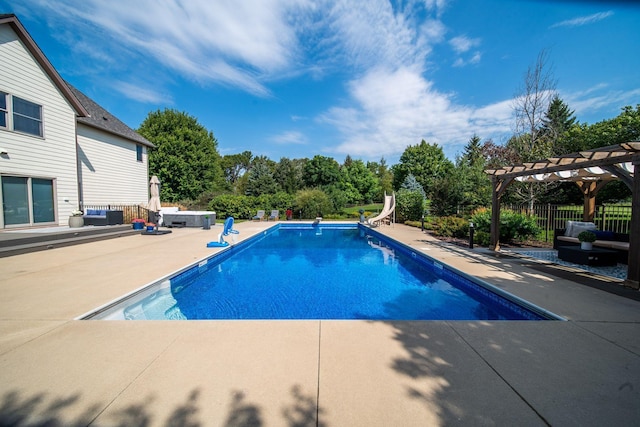 view of pool featuring a fenced in pool, a water slide, fence, a pergola, and a patio