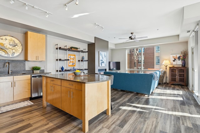 kitchen with dark wood finished floors, ceiling fan, open floor plan, stainless steel dishwasher, and a sink