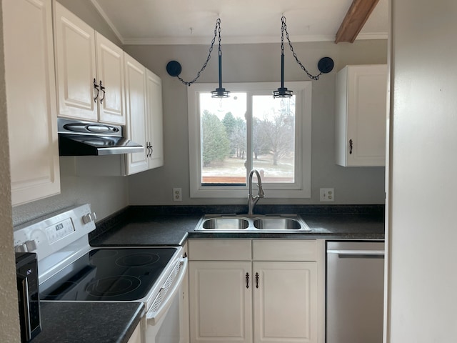 kitchen with sink, exhaust hood, hanging light fixtures, white electric stove, and white cabinets