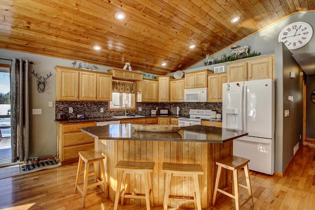 kitchen with dark countertops, wood ceiling, vaulted ceiling, and white appliances