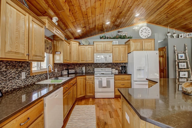 kitchen with a sink, light wood-style floors, white appliances, wooden ceiling, and lofted ceiling