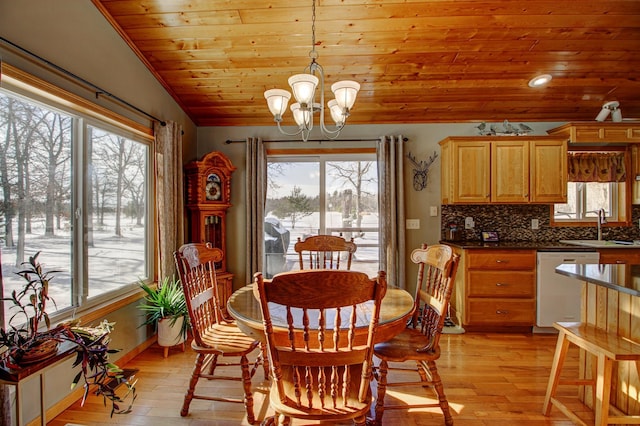 dining area with plenty of natural light, a notable chandelier, and wooden ceiling