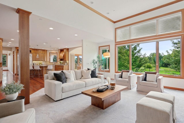 living room featuring crown molding and light wood-type flooring