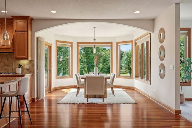 dining space featuring dark wood-type flooring and a healthy amount of sunlight