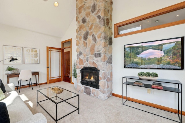 living room featuring a stone fireplace, light colored carpet, and high vaulted ceiling