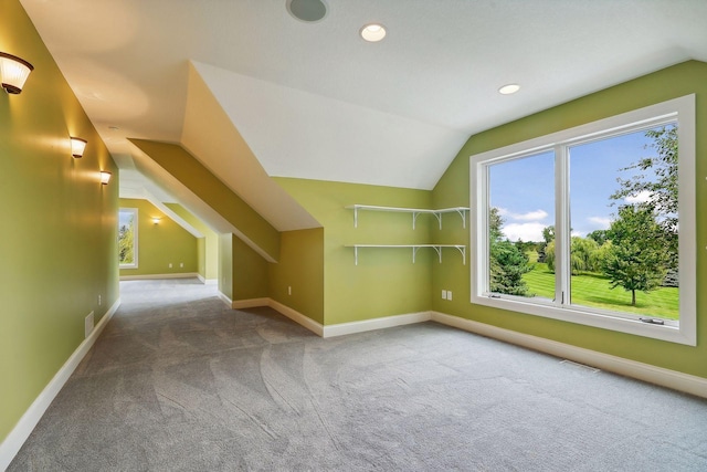 additional living space with lofted ceiling and carpet flooring