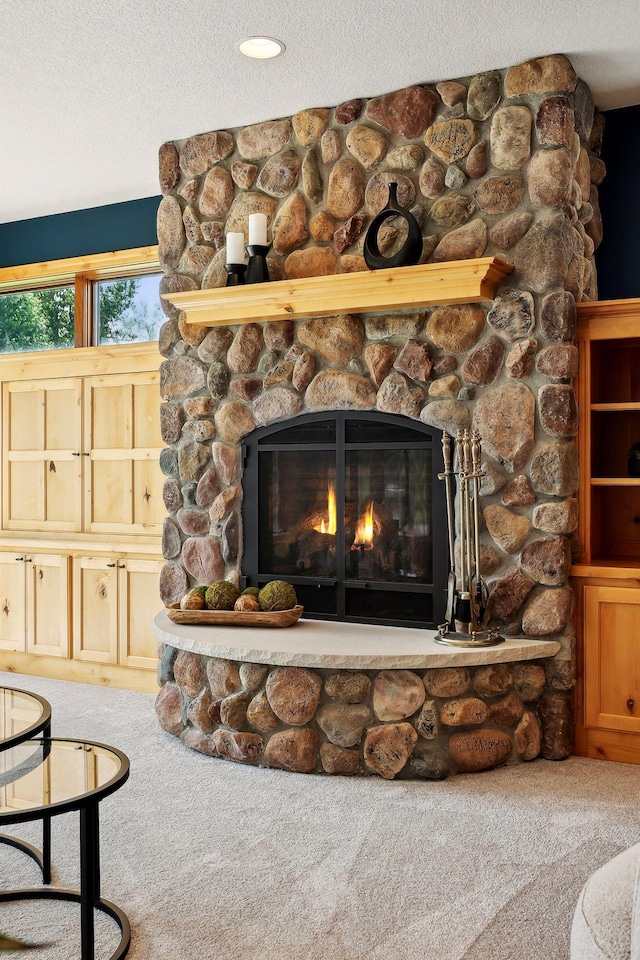 details with a stone fireplace and carpet