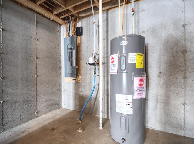 utility room featuring electric panel and water heater